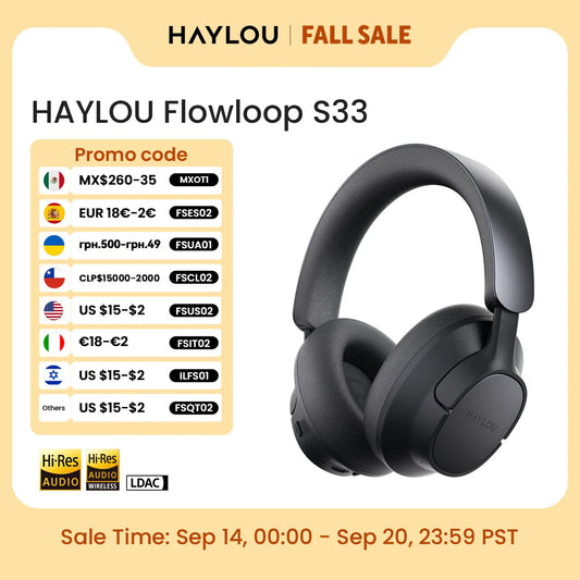 Auriculares Inalámbricos HAYLOU FlowLoop S33, Auriculares Bluetooth con Cancelación Activa de Ruido de 45 dB, Hi-Res LDAC, 100 Horas de Reproducción