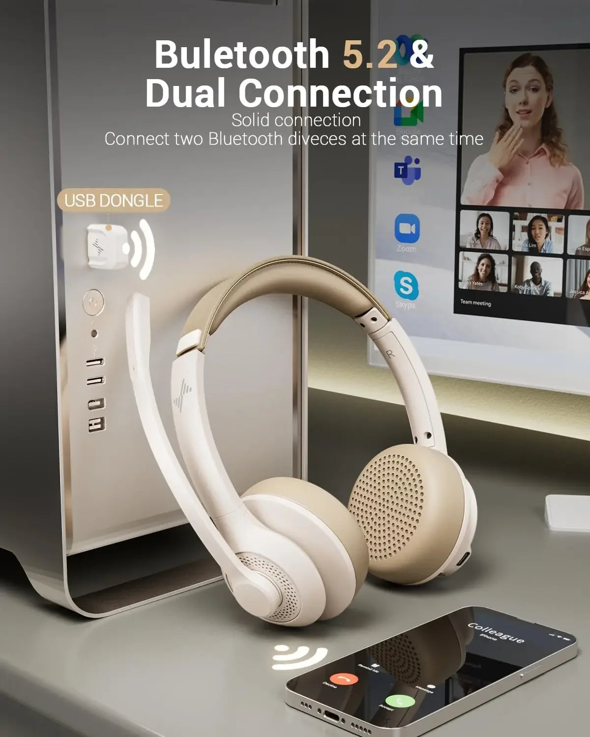 JIAMQISHI Auriculares inalámbricos con micrófono con cancelación de ruido AI Auriculares Bluetooth V5.2 con dongle USB para centro de llamadas Oficina EH02