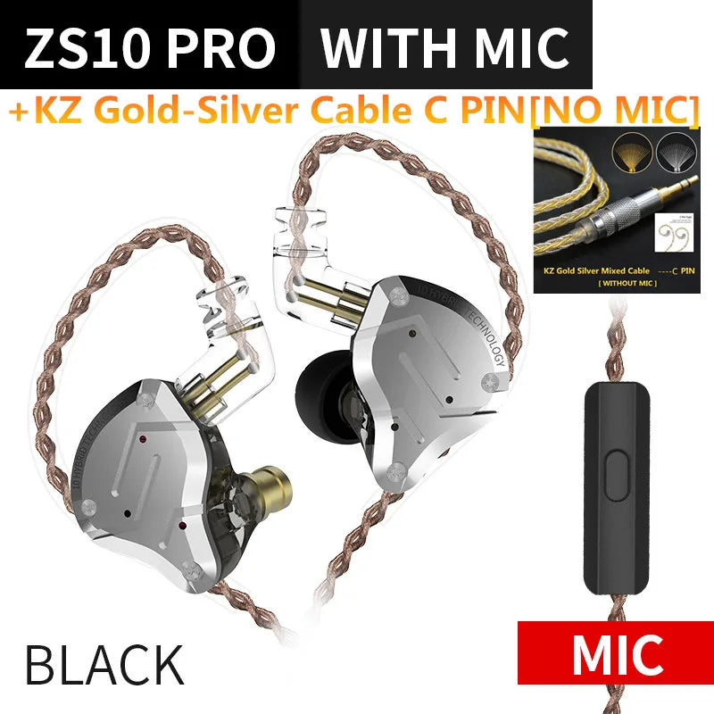 KZ ZS10 PRO 4BA + 1DD auriculares metálicos HIFI, auriculares internos híbridos, Auriculares deportivos con cancelación de ruido, KZ ZSN PRO ZST AS16 AS12 AS10 C16