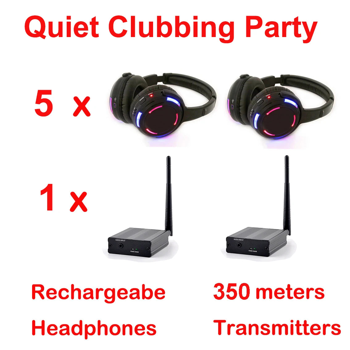 Auriculares de discoteca silenciosos UHF RF Auriculares inalámbricos para DJ 5 piezas y 1 transmisor de distancia de 500 m