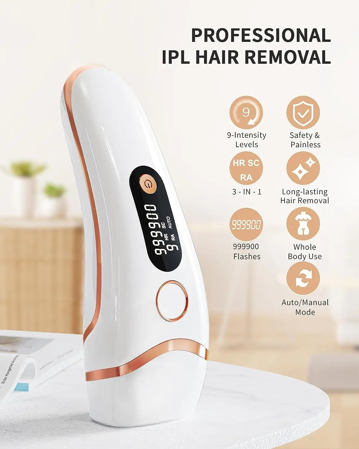 Dispositivos IPL Depilación Láser 17J 999900   Light Pulses HR/SC/RA 9 niveles Depilación indolora para todo el cuerpo Uso doméstico para hombres y mujeres