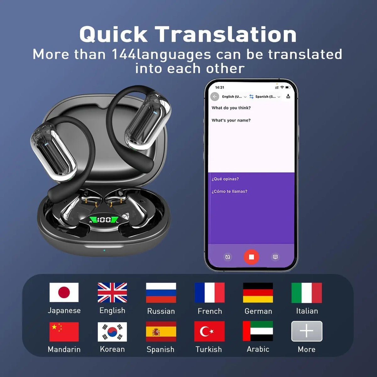 Auriculares inalámbricos UYUXIO AI con traducción de idiomas con 144 idiomas, traductor en tiempo Real, auriculares BT 5,4 para negocios