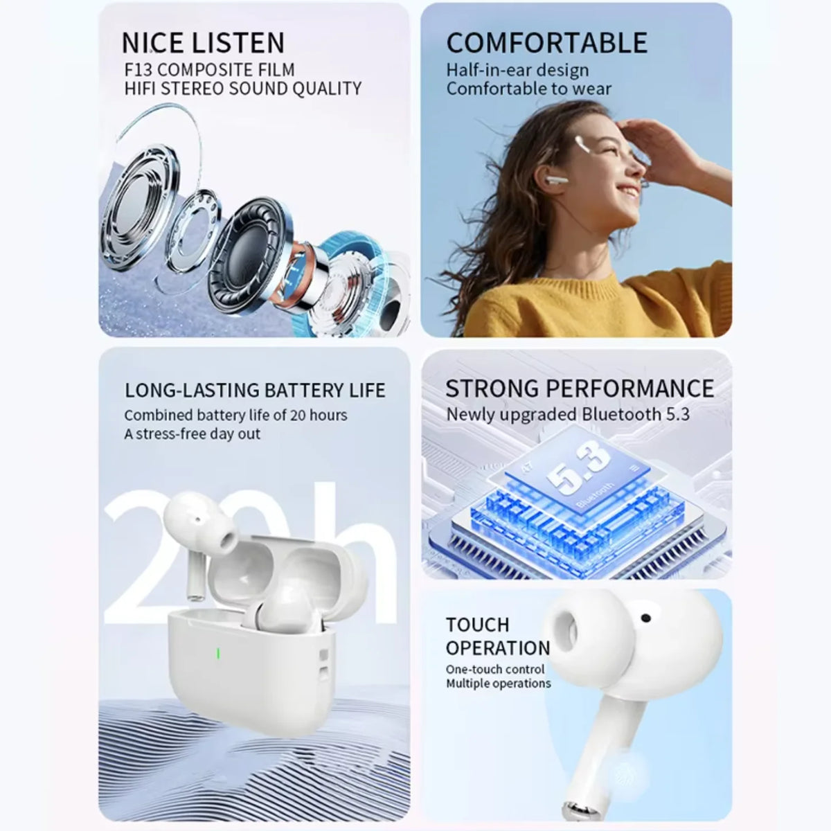 Auriculares Bluetooth UEESFIT A5 TWS, auriculares con sonido de alta fidelidad, auriculares deportivos, auriculares inalámbricos auténticos, auriculares con cancelación de ruido para teléfono