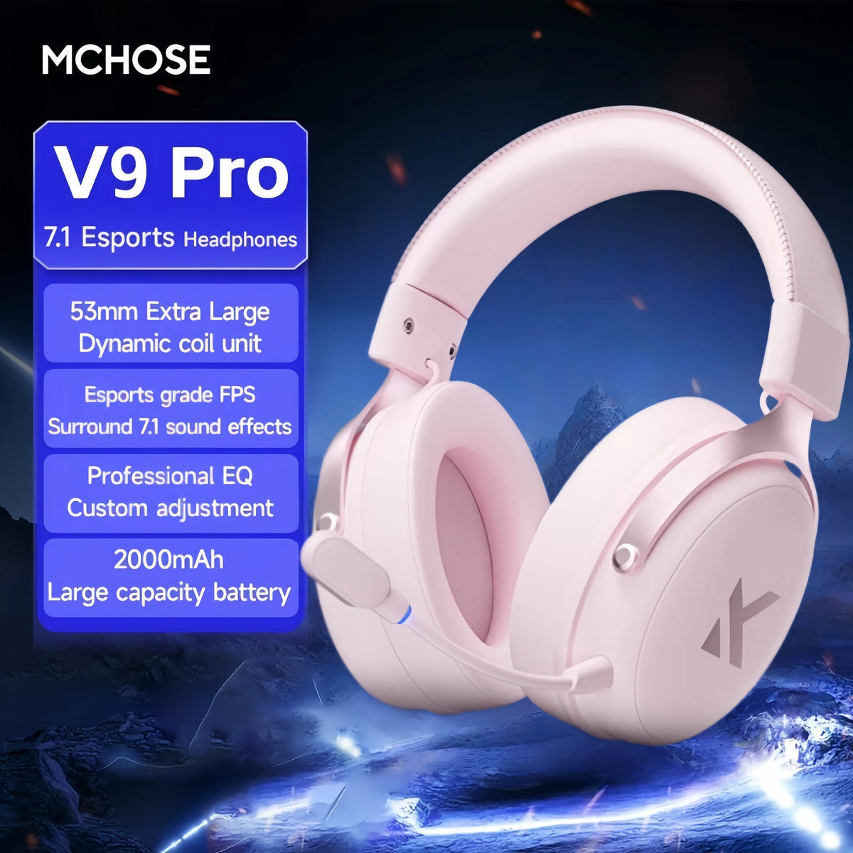 MCHOSE V9 Pro-auriculares inalámbricos para videojuegos, cascos con sonido envolvente, micrófono con cancelación de ruido, baja latencia, ligeros para interruptor de PC PS5