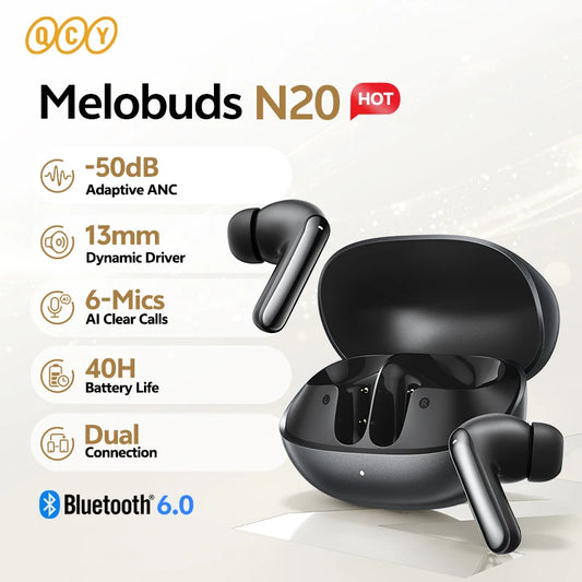 Auriculares Inalámbricos Bluetooth 6.0 QCY Melobuds N20 BH25HT20A - Cancelación de Ruido Adaptativa de -50dB, Controladores de 13mm, 6 Micrófonos, Llamadas HD, 40 Horas de Duración